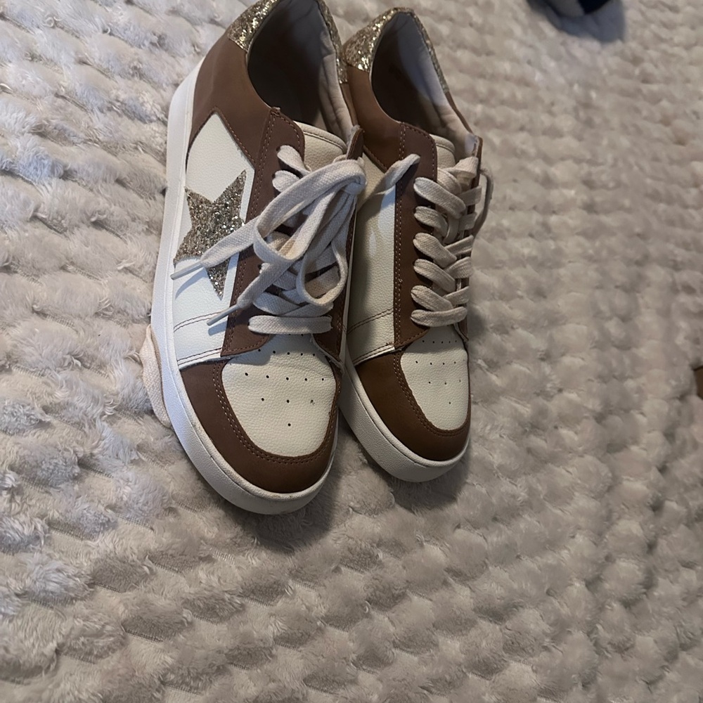 Elegant Brown and White Sneakers with Sparkling Accents